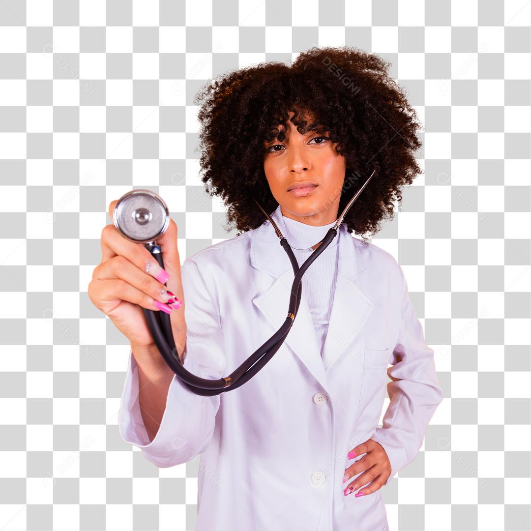 Médica de cabelo cacheado segurando um estetoscópio