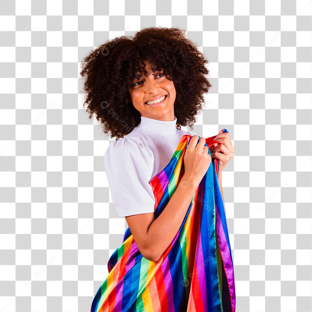 Mulher lesbica segurando uma bandeira LGBTQIA+