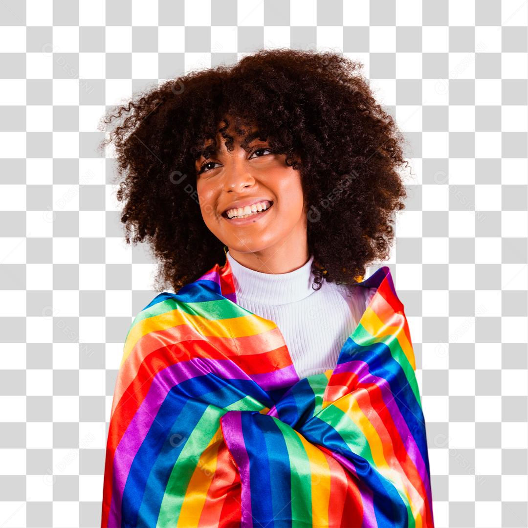 Linda jovem afro feliz com símbolo dos Direitos Humanos LGBT, Igualdade, LGBT