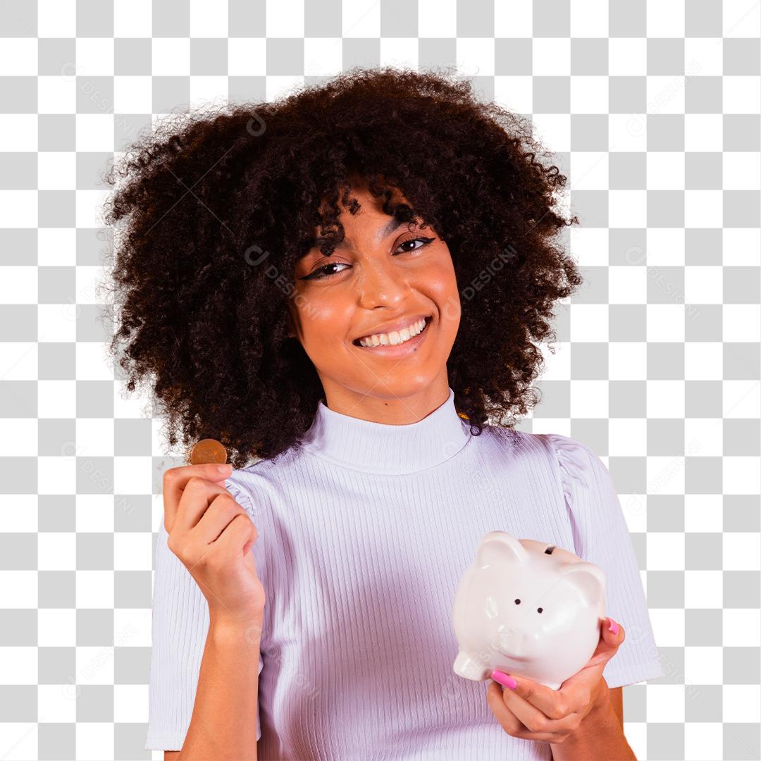 Mulher negra segurando um cofrinho