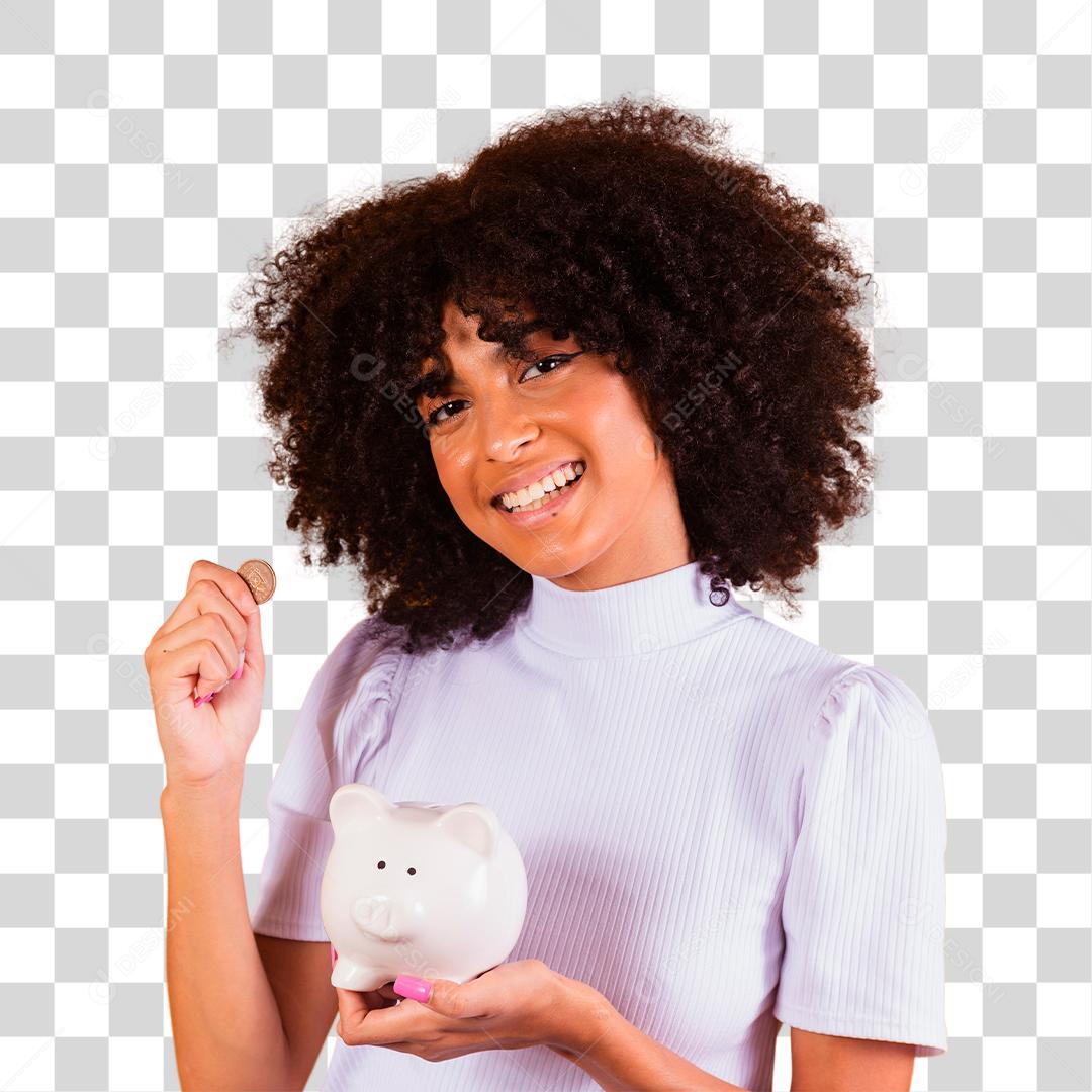 Mulher economizando dinheiro no porquinho