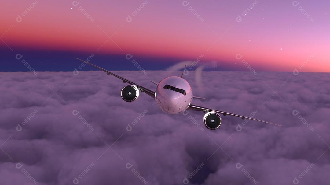 Aviões comerciais voando sobre as nuvens na incrível ilustração 3D do pôr do sol.