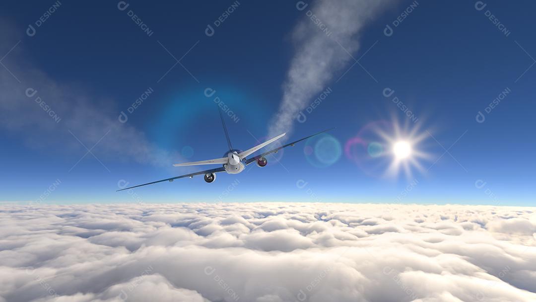 Aviões comerciais voando sobre a ilustração 3D de nuvens.