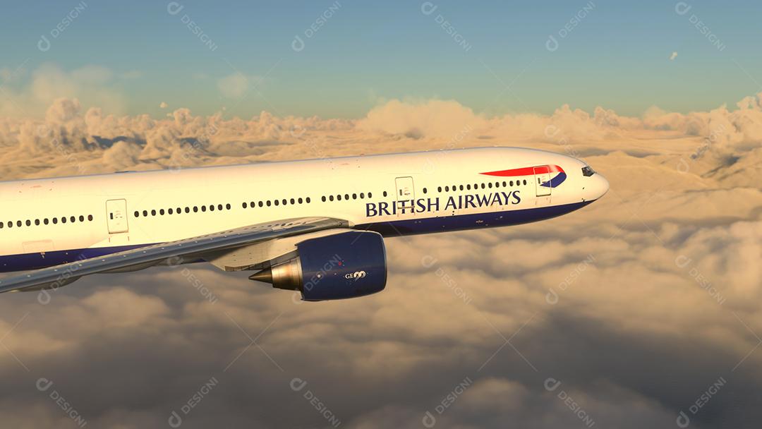 Boeing 777 British Airways voando sobre as nuvens ilustração 3D, 22 de junho de 2022, São Paulo, Brasil.