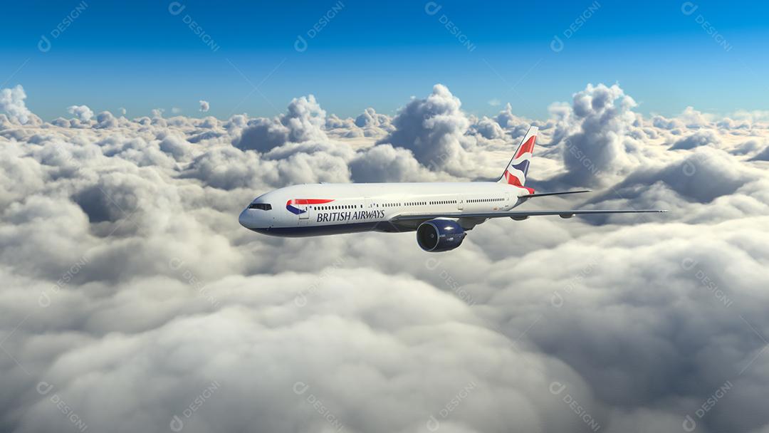 Boeing 777 British Airways voando sobre as nuvens ilustração 3D, 22 de junho de 2022, São Paulo, Brasil.
