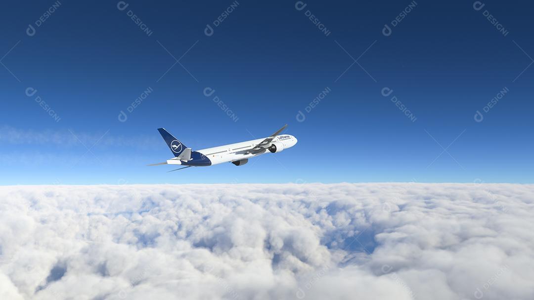 Boeing 777 Lufthansa voando sobre as nuvens Ilustração 3D, 22 de junho de 2022, São Paulo, Brasil.