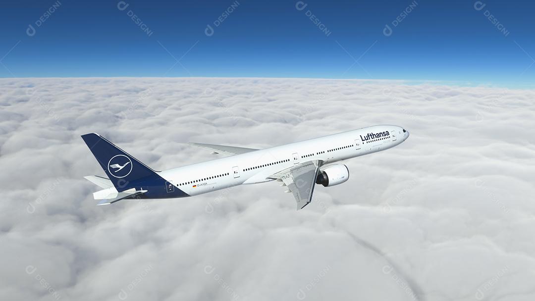 Boeing 777 Lufthansa voando sobre as nuvens Ilustração 3D, 22 de junho de 2022, São Paulo, Brasil.