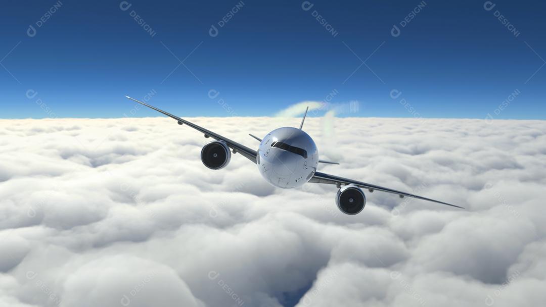Boeing 777 Lufthansa voando sobre as nuvens Ilustração 3D, 22 de junho de 2022, São Paulo, Brasil.
