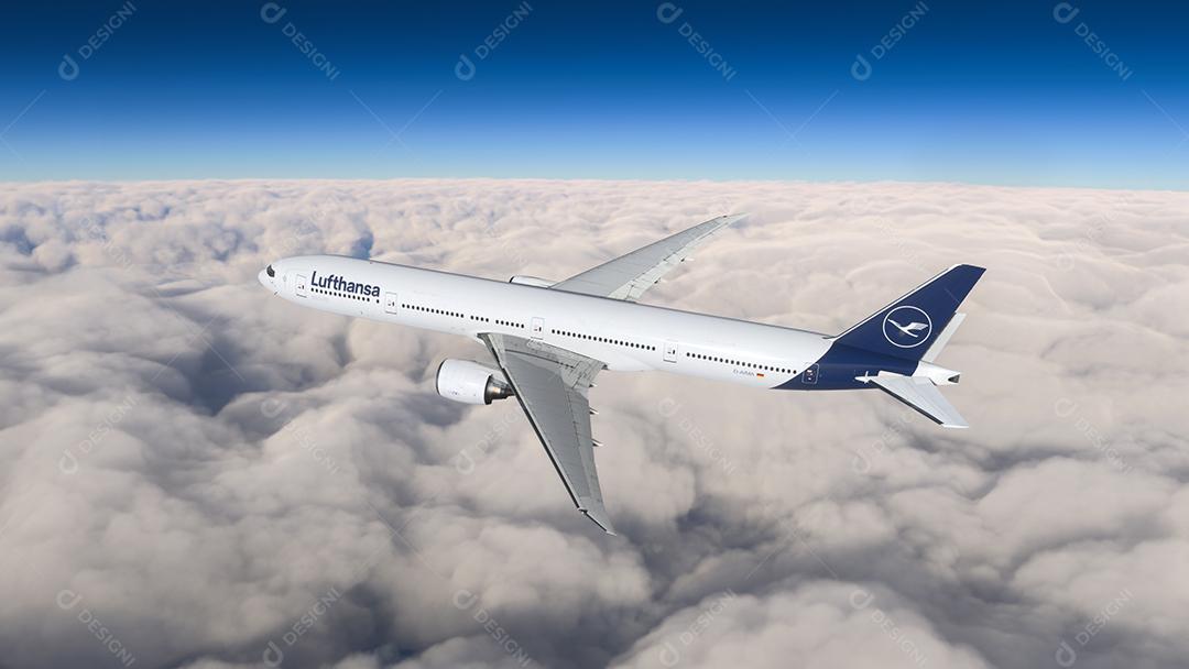 Boeing 777 Lufthansa voando sobre as nuvens Ilustração 3D, 22 de junho de 2022, São Paulo, Brasil.