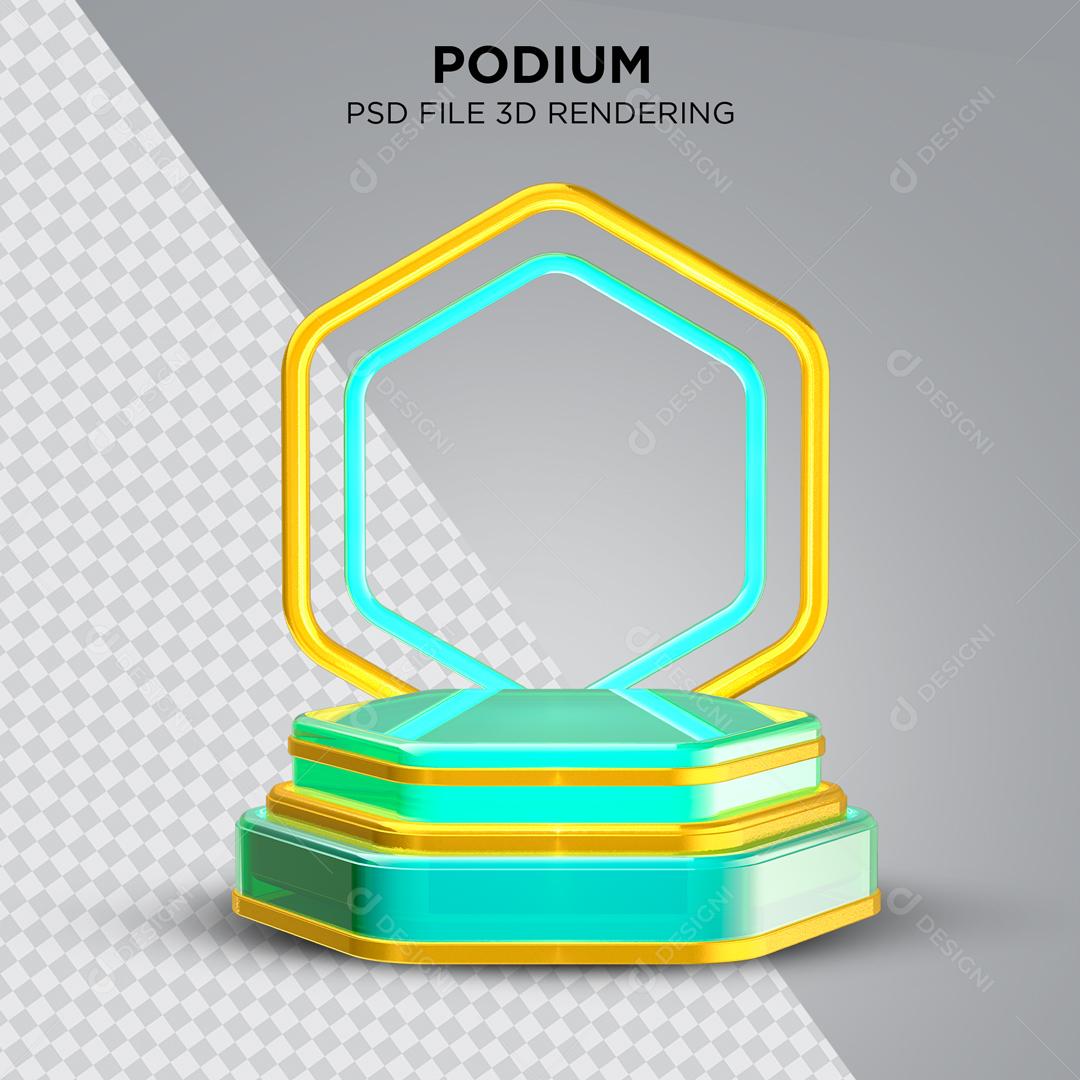 Yellow Podium With Navy Blue In Shape Of Hexagon 3D Element For Compositing PSD