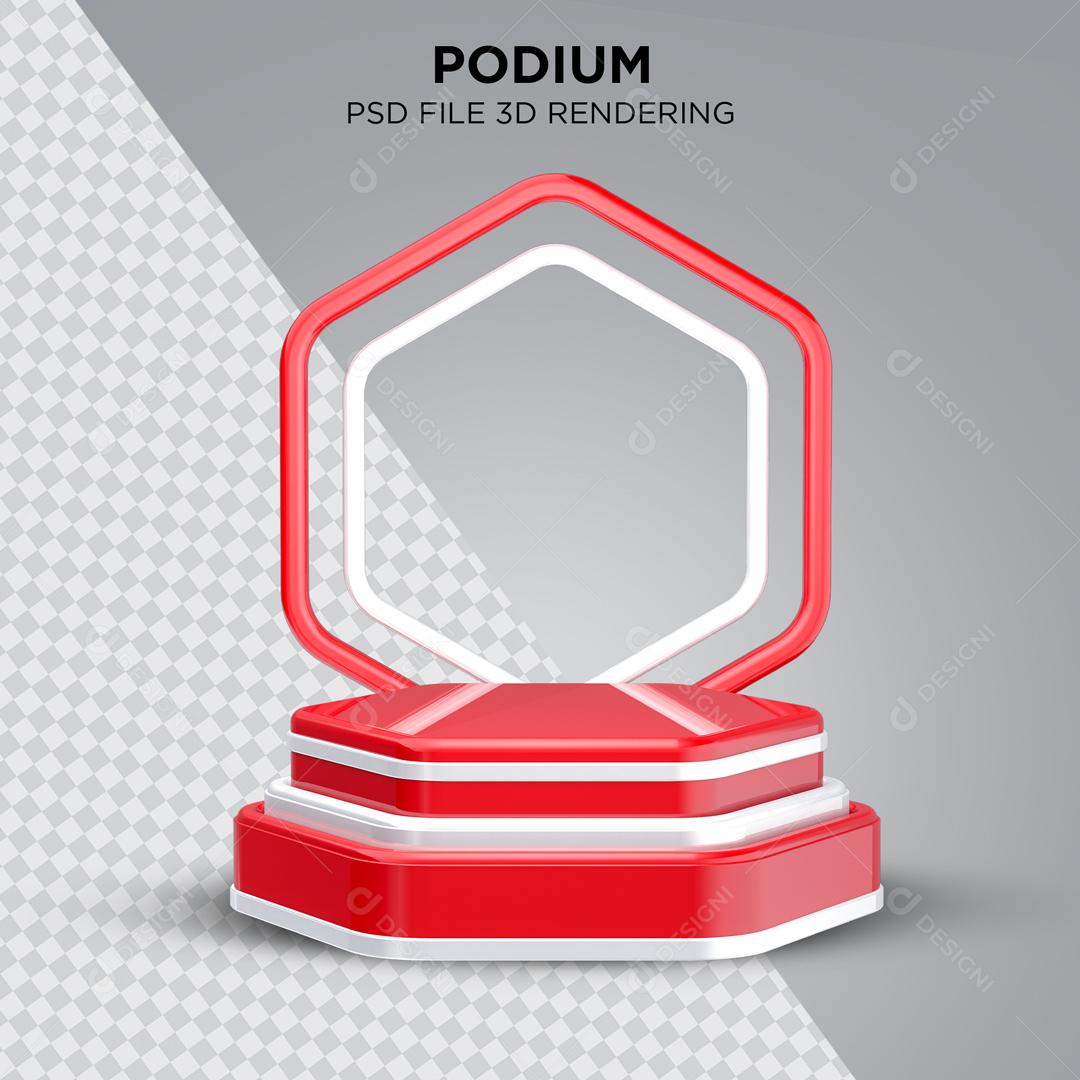 Podium Vermelho com Branco Em Forma de Hexágono Elemento 3D Para Composição PSD