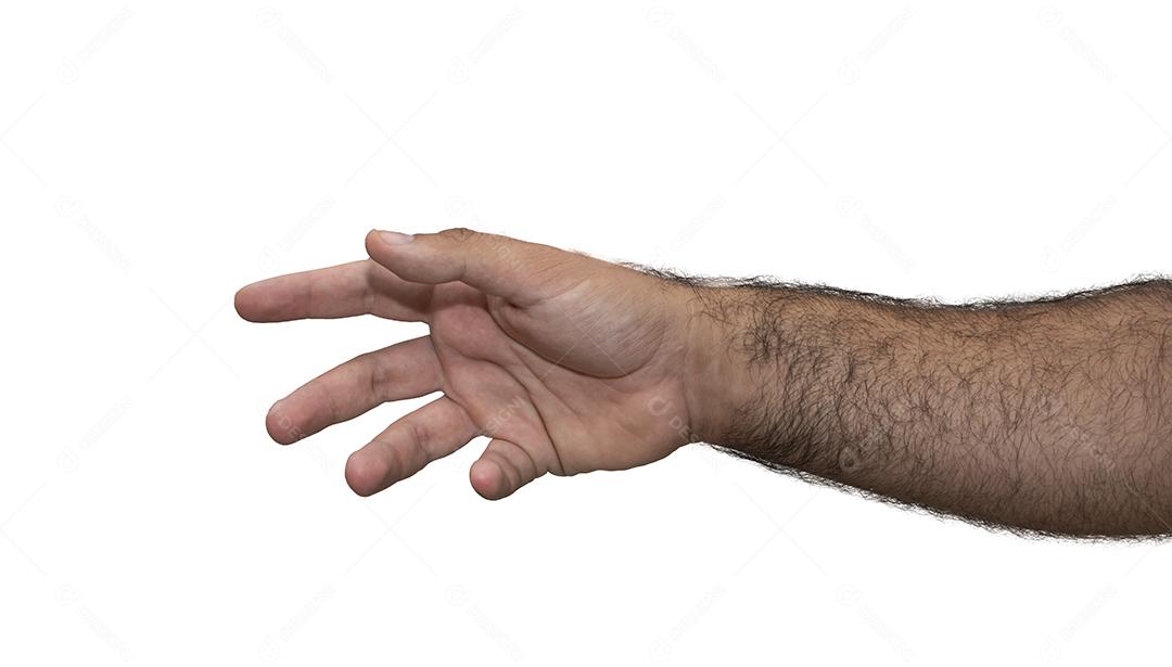 Homem com braço a vista  sobre fundo branco.