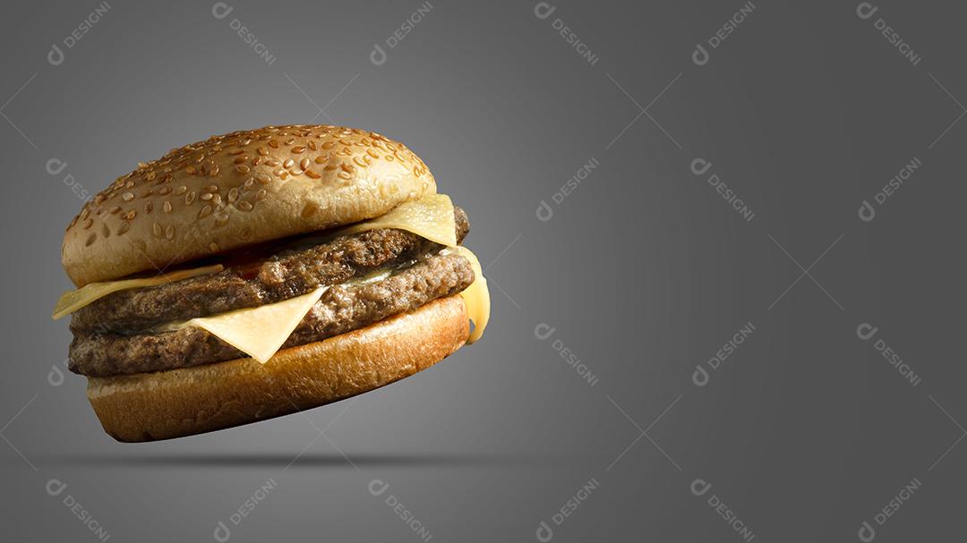 Hambúrguer com carne grelhada e queijo sobre fundo cinza.