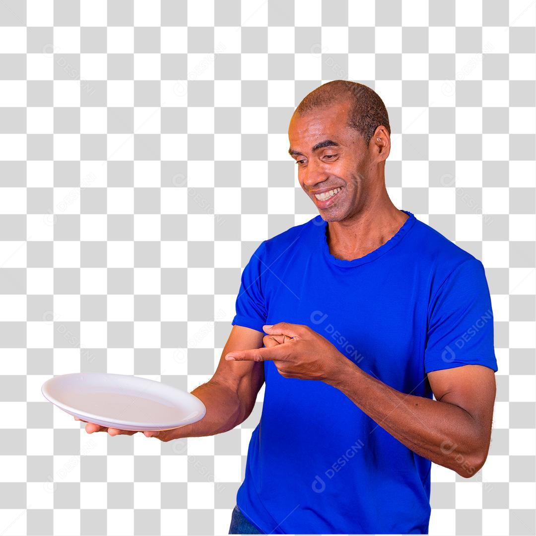 Homem afro segurando prato vazio