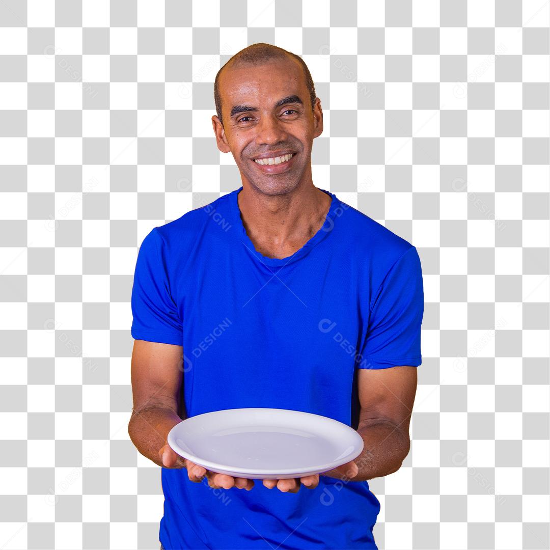Homem afro segurando prato vazio