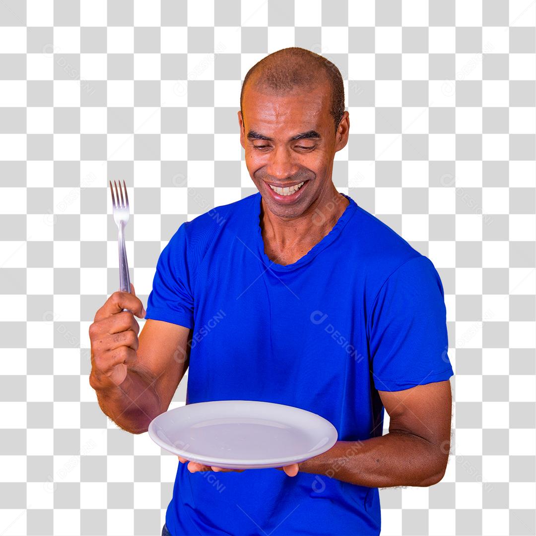 Homem afro segurando o prato vazio e garfo