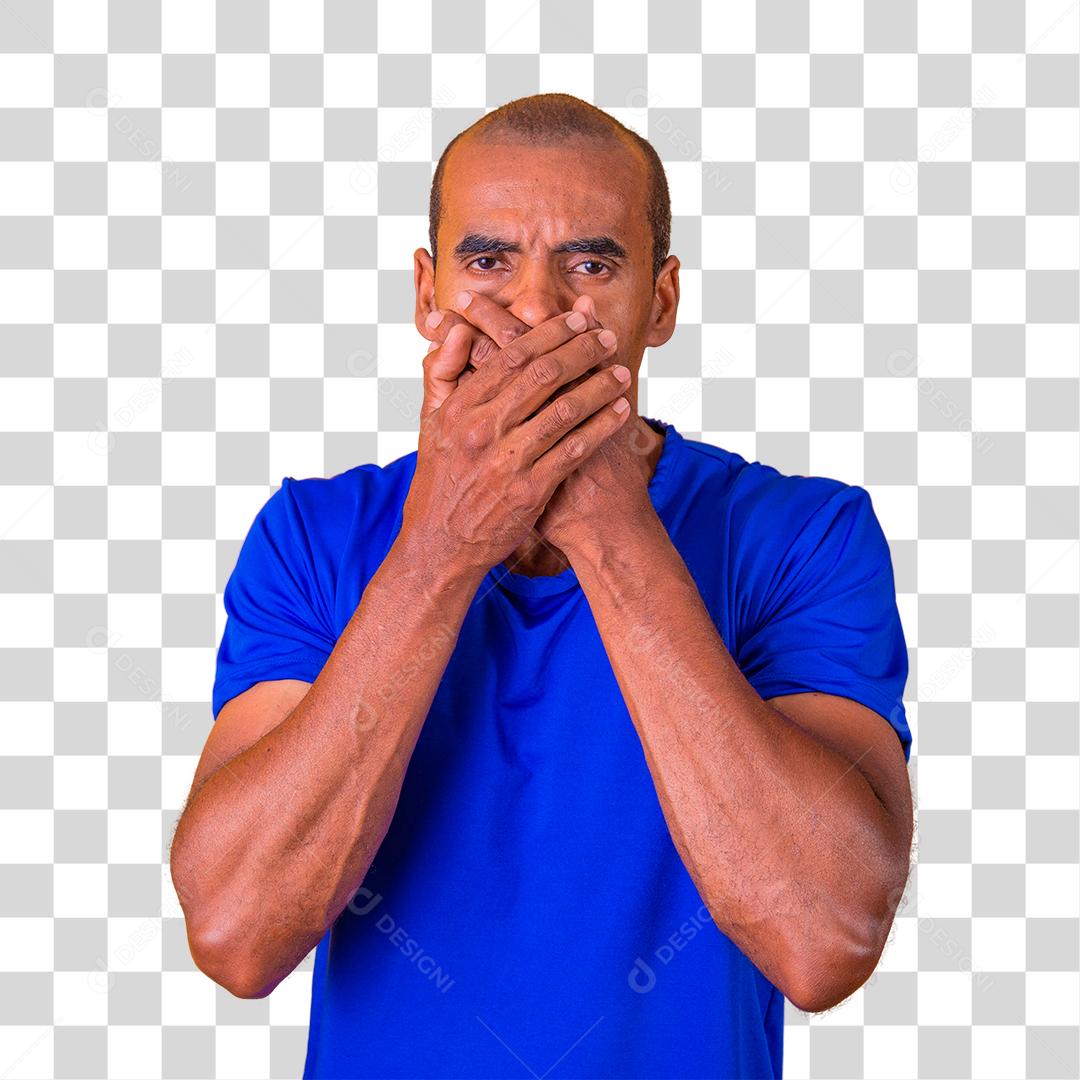 homem negro com a mão na boca em silêncio