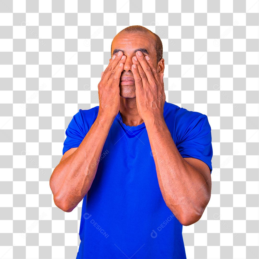 Homem afro cobrindo os olhos com as mãos