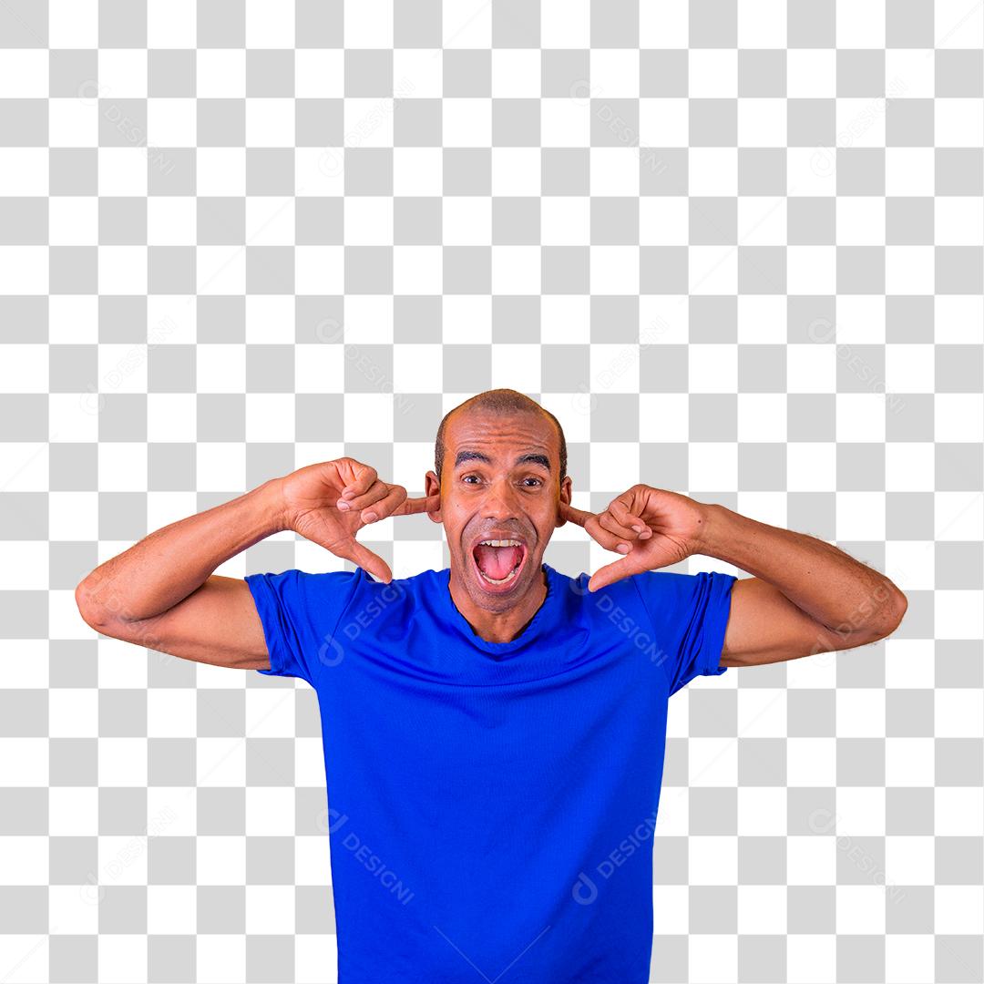 Homem moreno furioso cobrindo os ouvidos e gritando