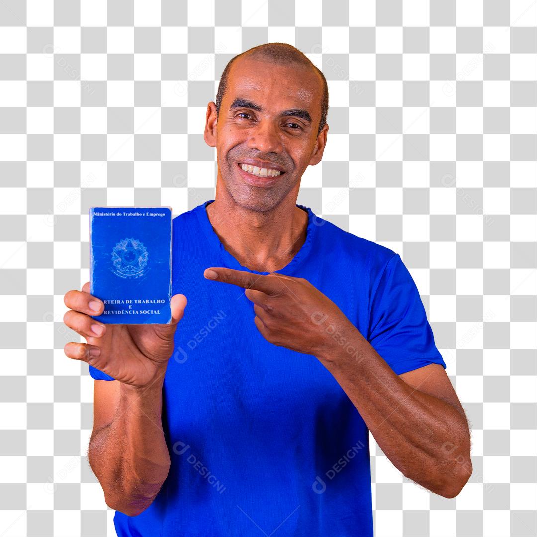 Homem brasileiro com apontando para documento Carteira de Trabalho e Previdência Social