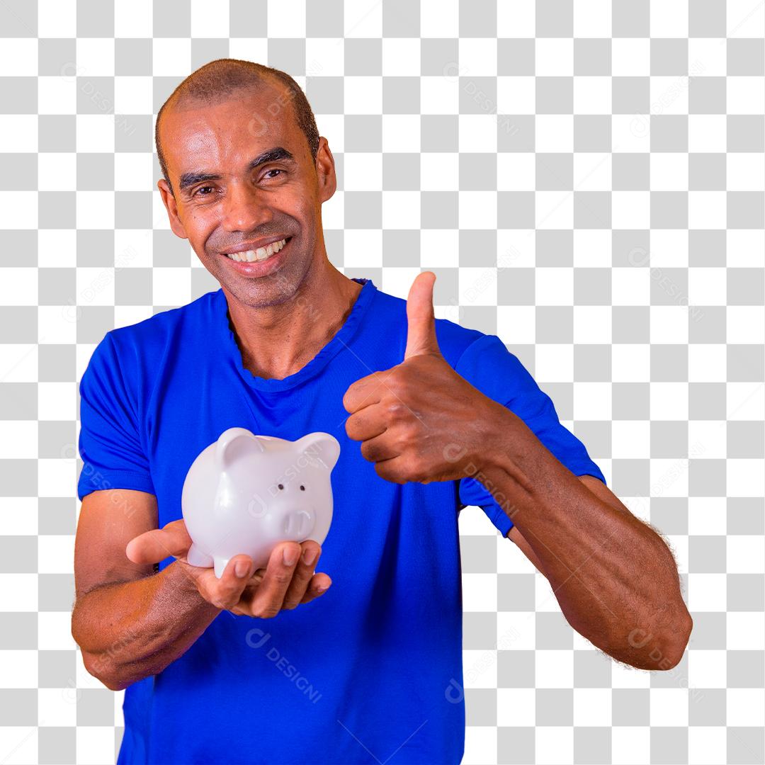 Homem afro segurando um cofrinho