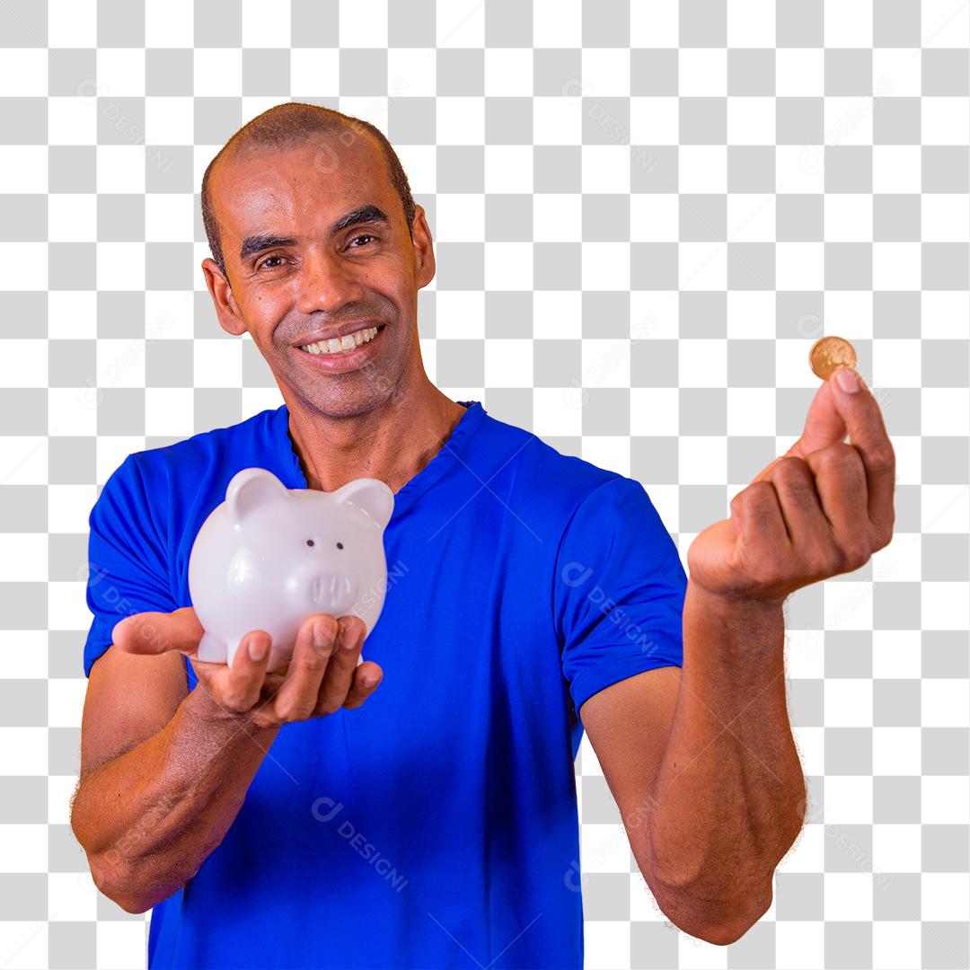 Homem afro segurando um cofrinho