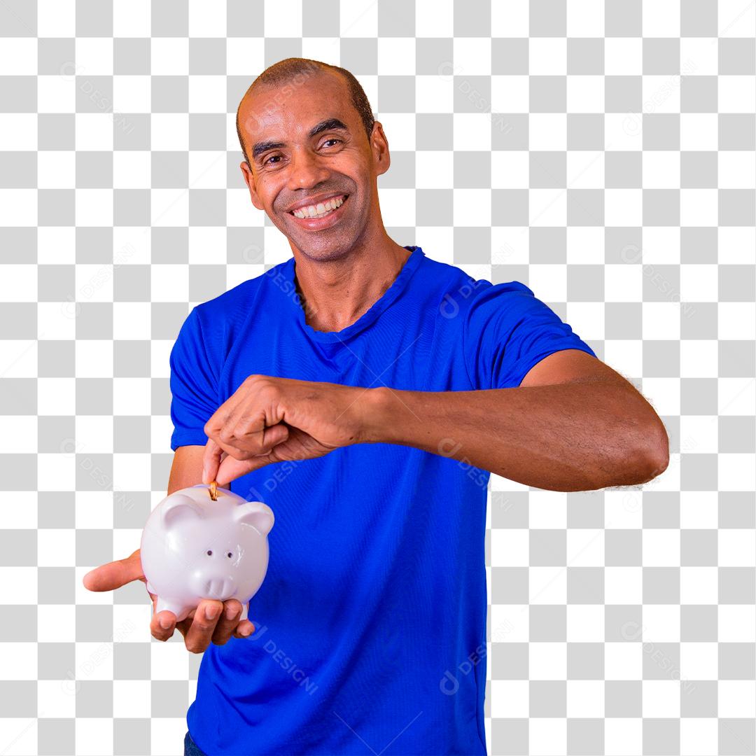 Homem afro segurando um cofrinho