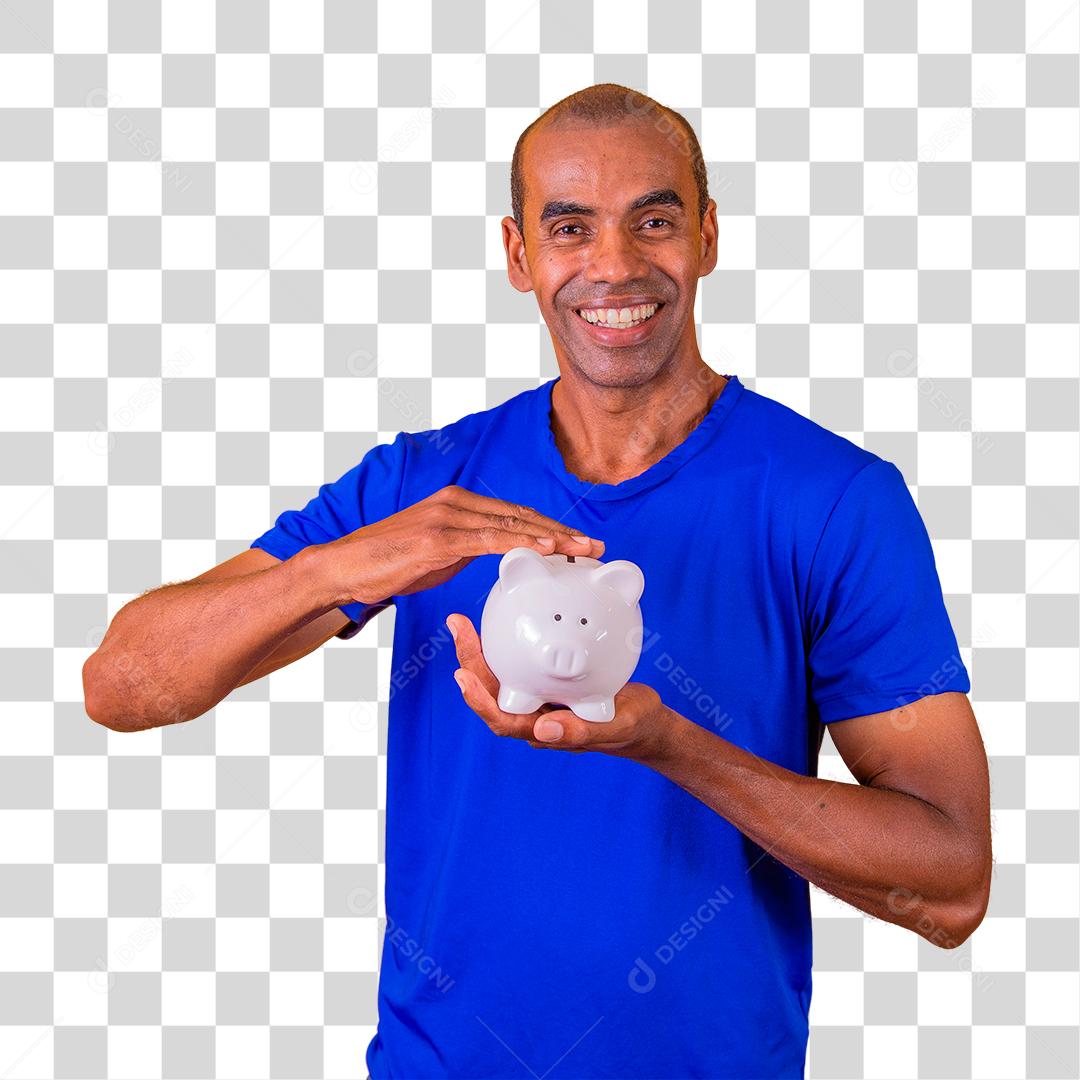 Homem afro segurando um cofrinho