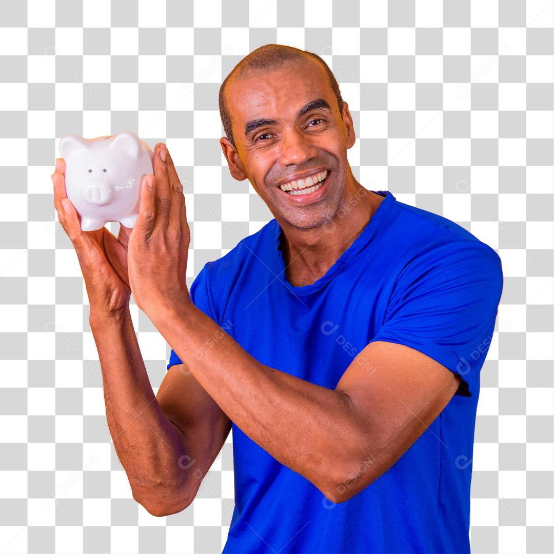 Homem afro segurando um cofrinho