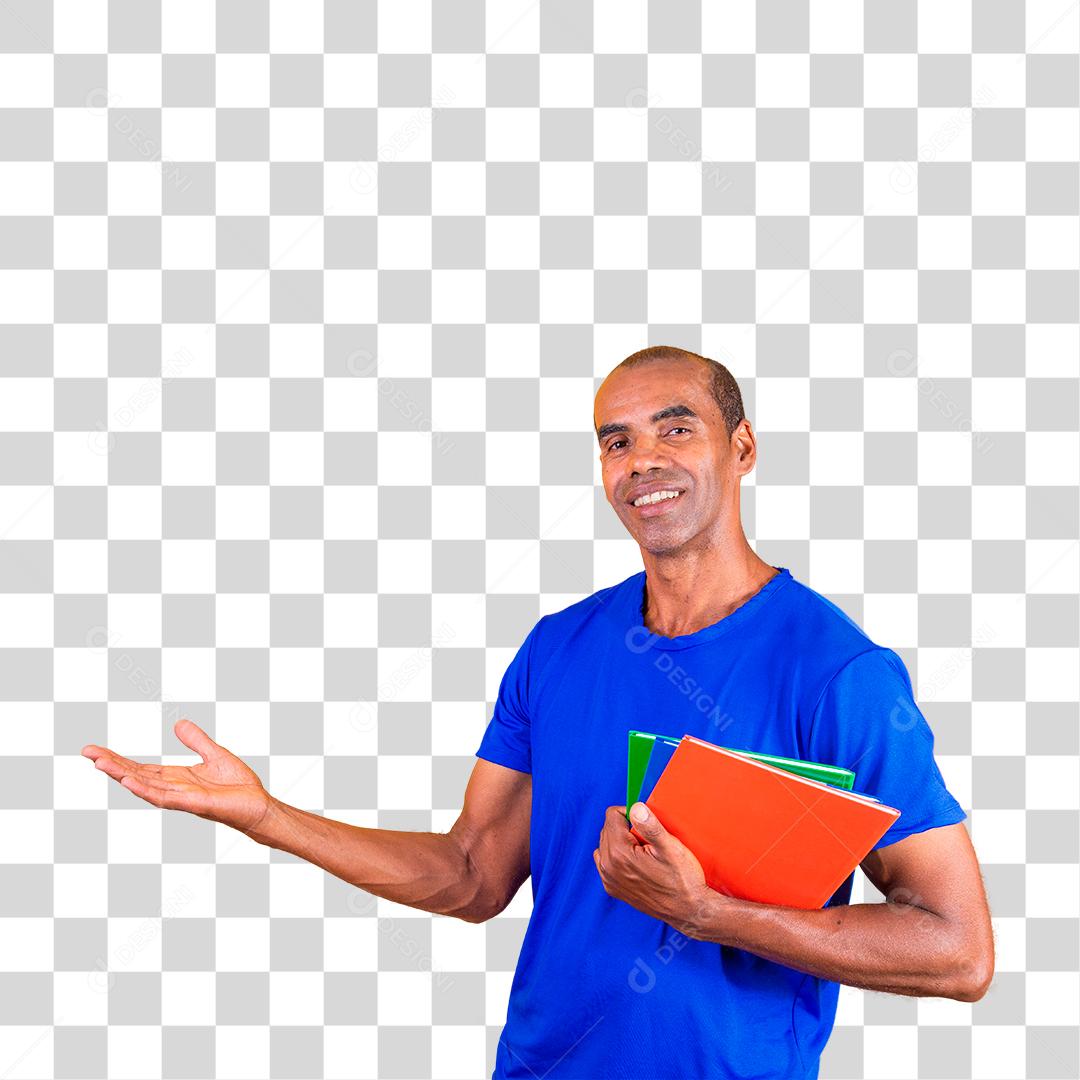 Homem estudante maduro com livros escolares