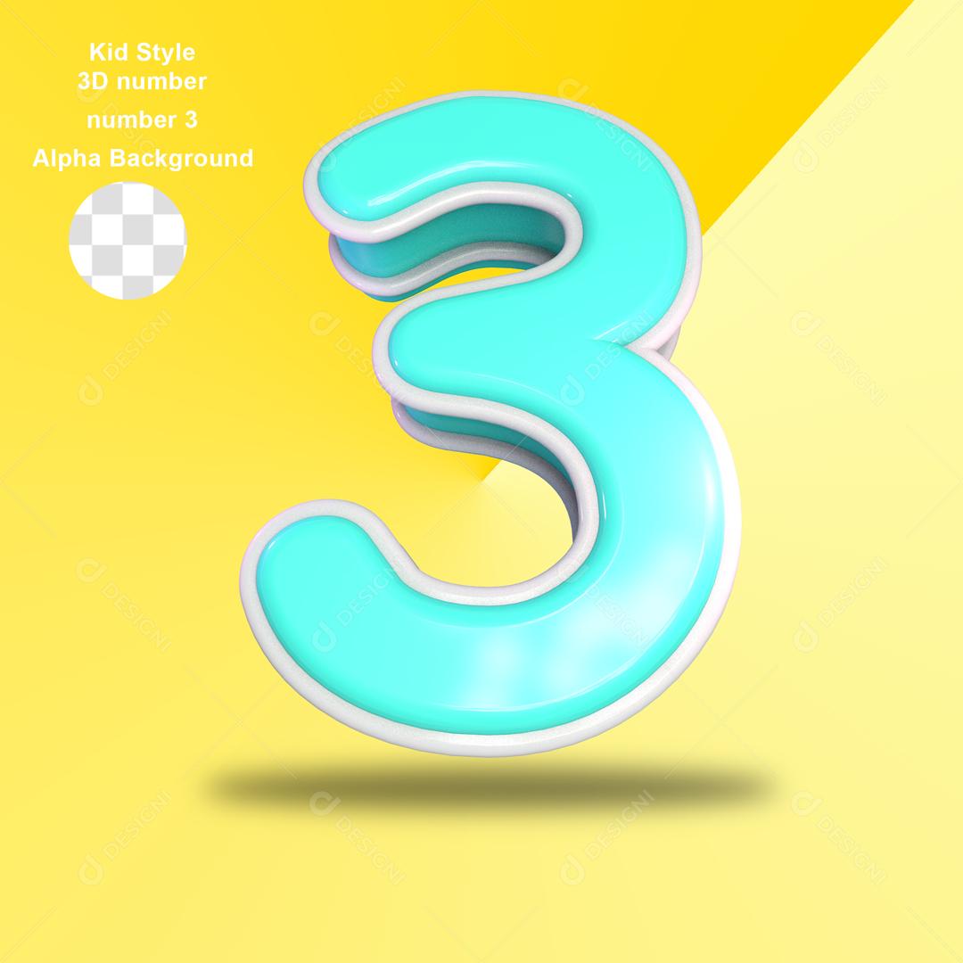 Número 3D 3 Azul com Textura Branca Para composição PSD