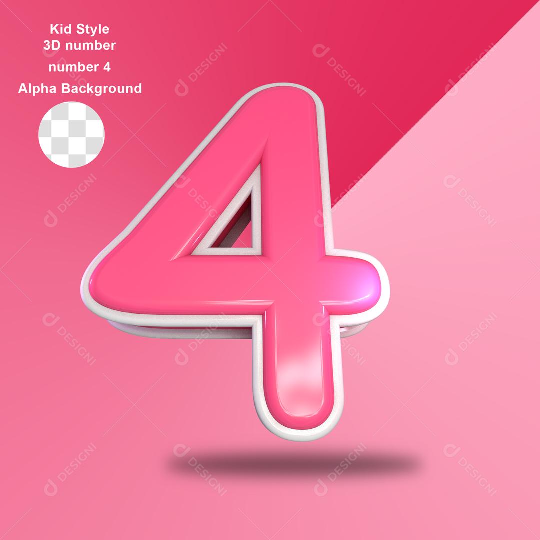 Número 3D 4 Rosa com Textura Branca Para composição PSD