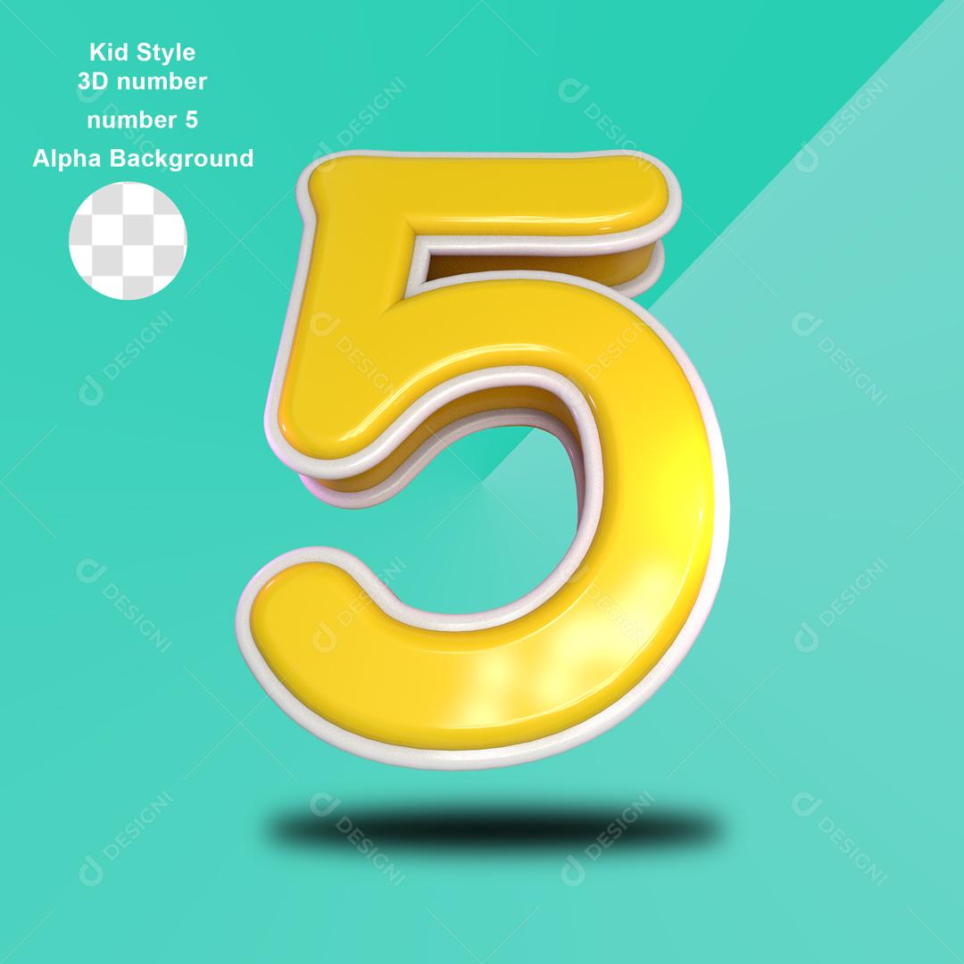 3D Number 5 Yellow with White Texture for compositing PSD
