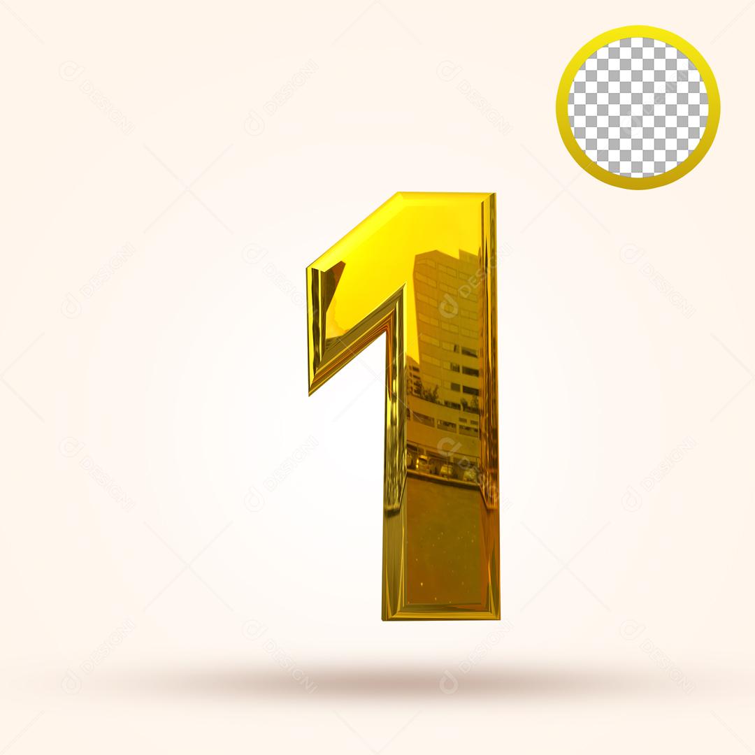 Número 3D 1 Dourado Para composição PSD