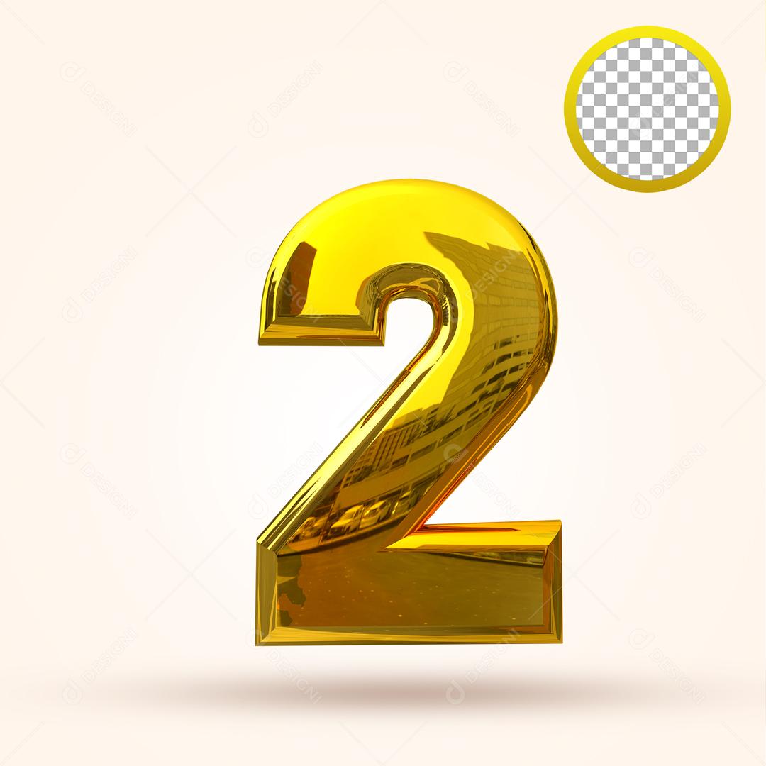 Número 3D 2 Dourado Para composição PSD