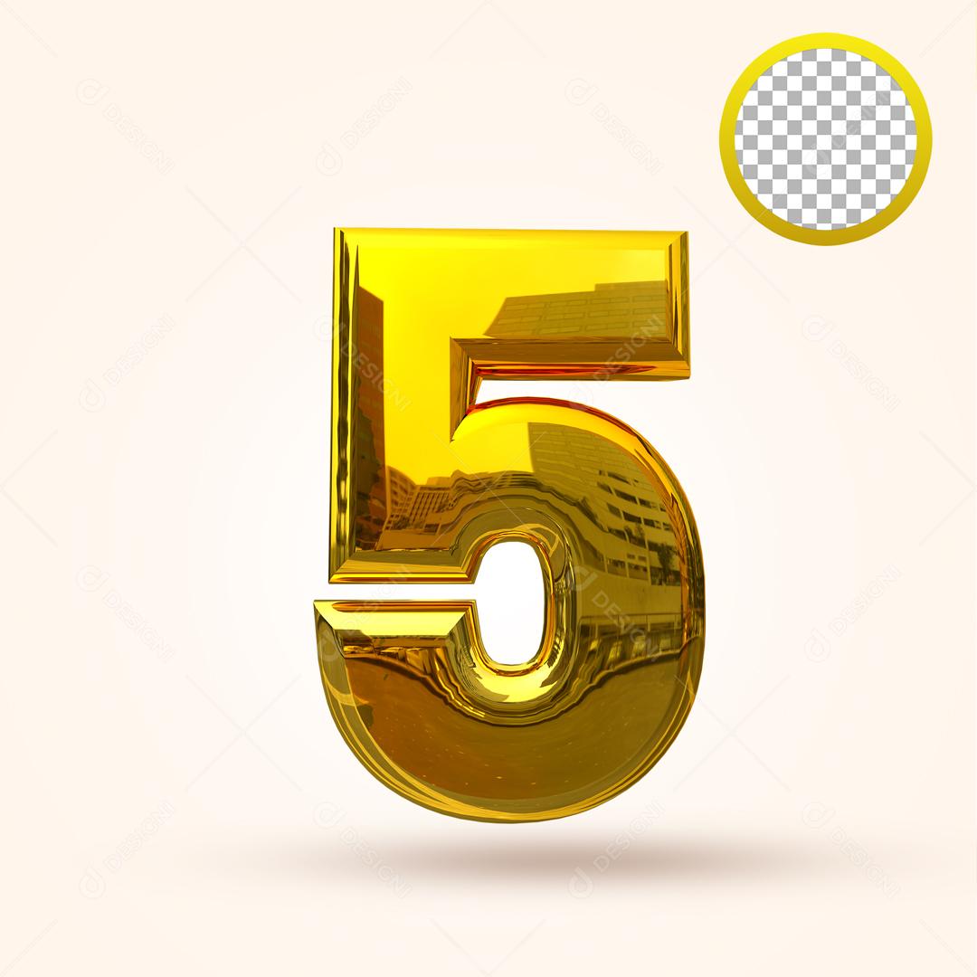Número 3D 5 Dourado Para composição PSD