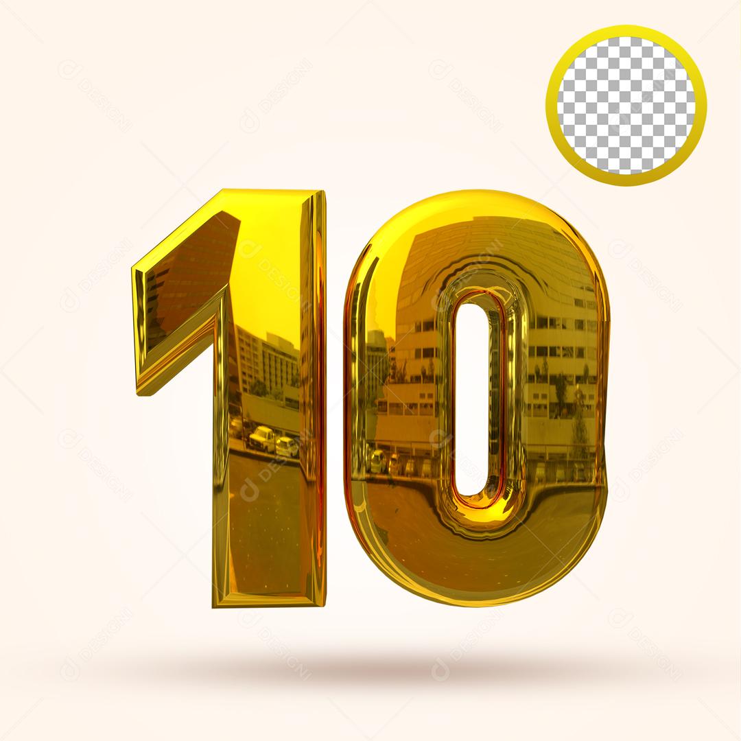 Número 3D 10 Dourado Elemento Para Composição PSD