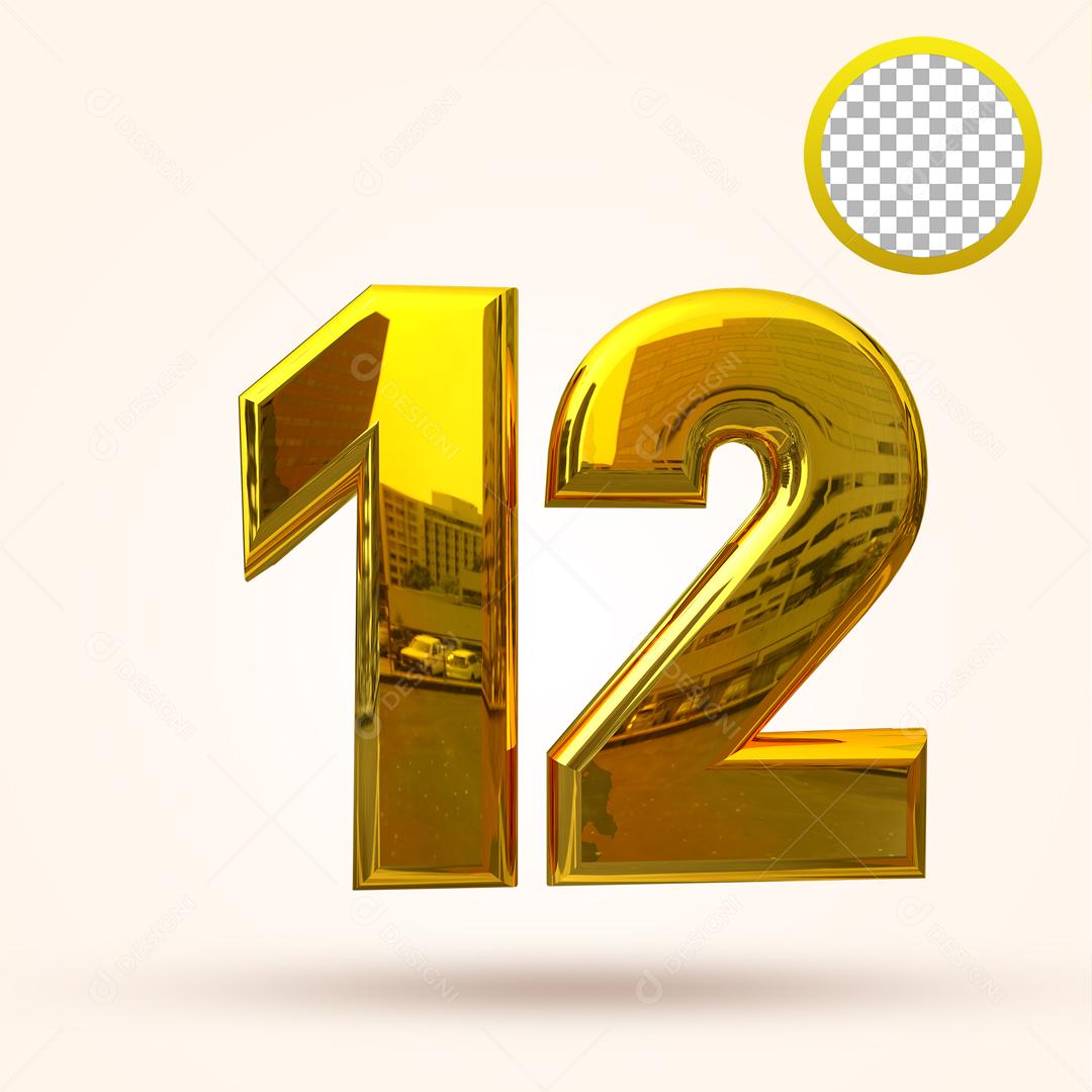 Número 3D 12 Dourado Elemento Para Composição PSD