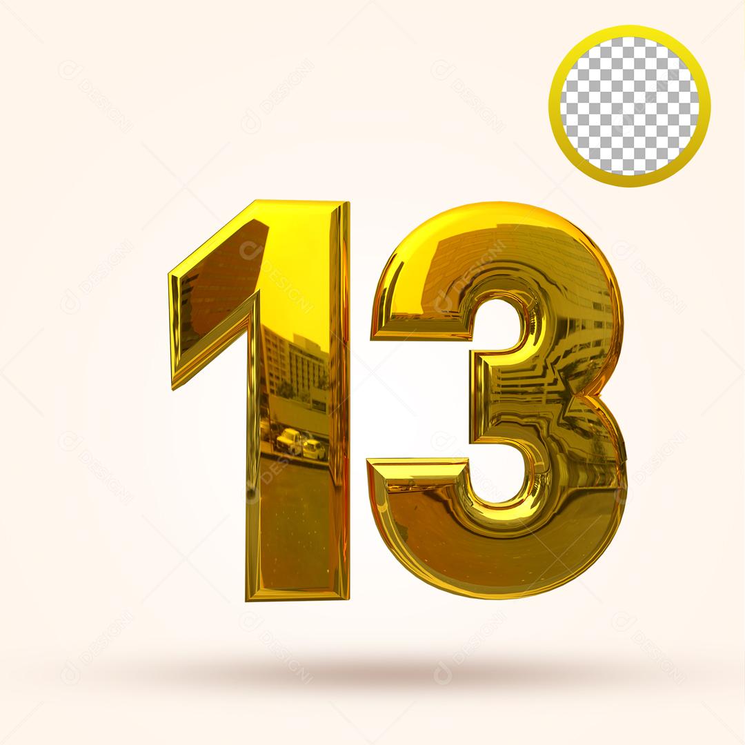 Número 3D 13 Dourado Elemento Para Composição PSD