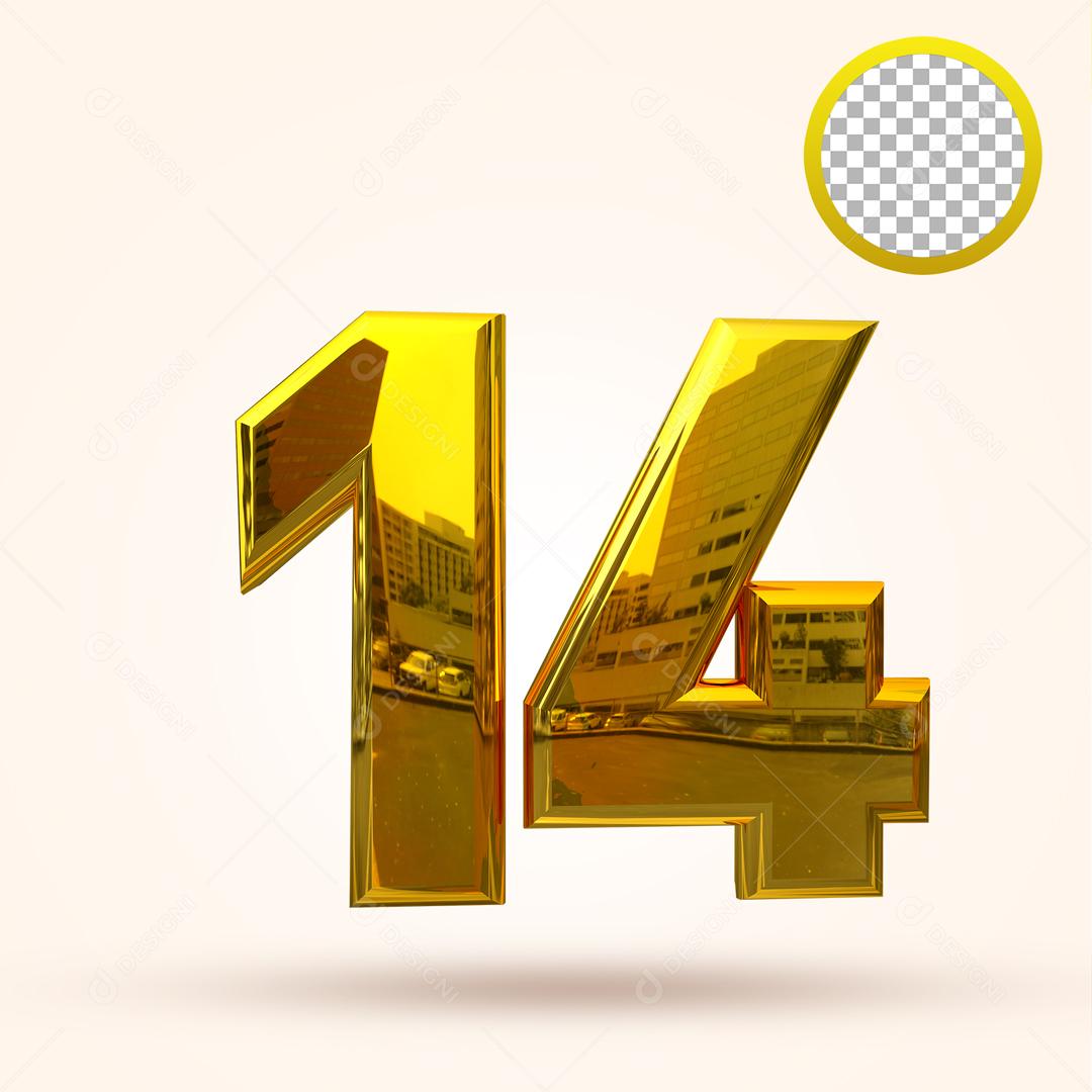 Número 3D 14 Dourado Elemento Para Composição PSD