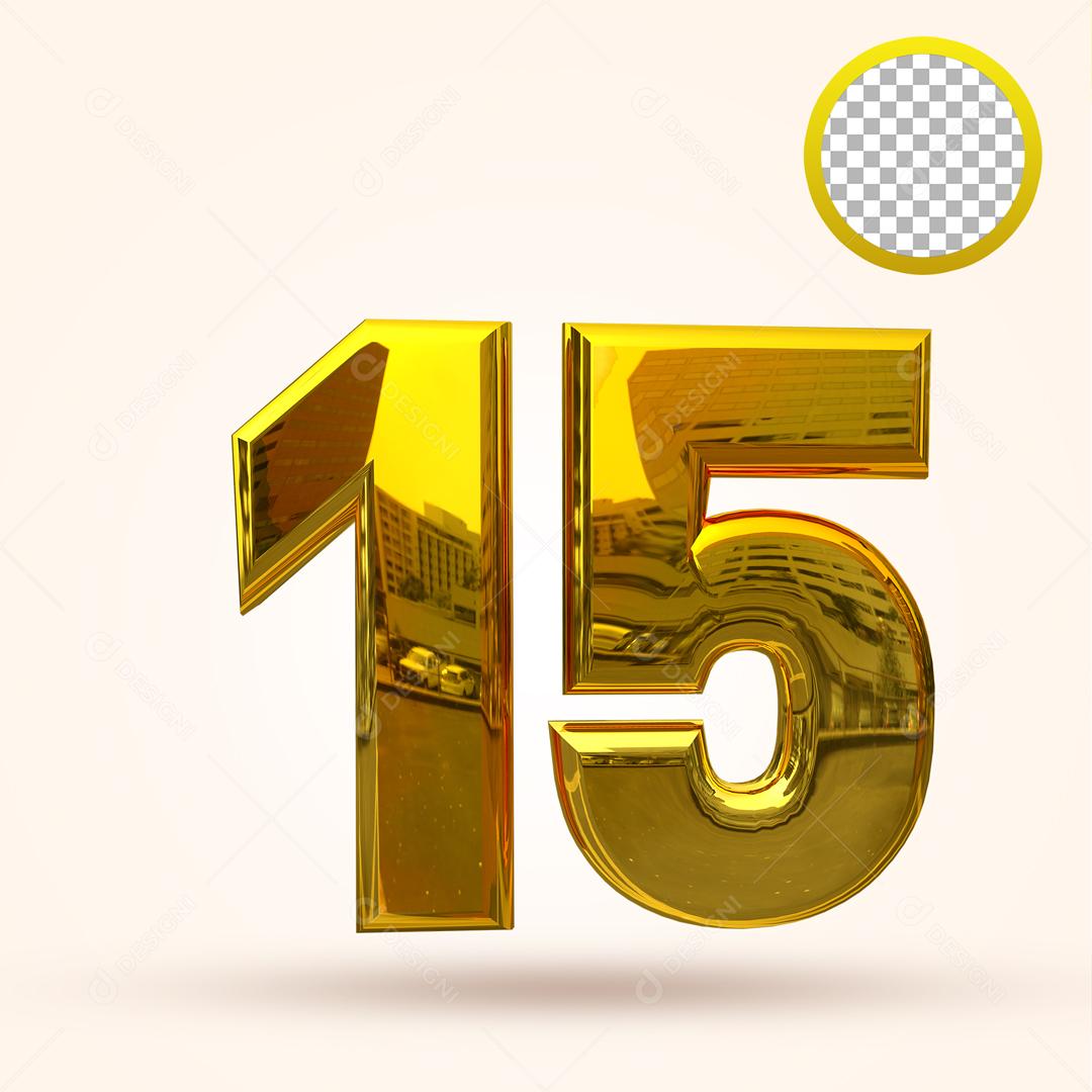 Número 3D 15 Dourado Elemento Para Composição PSD