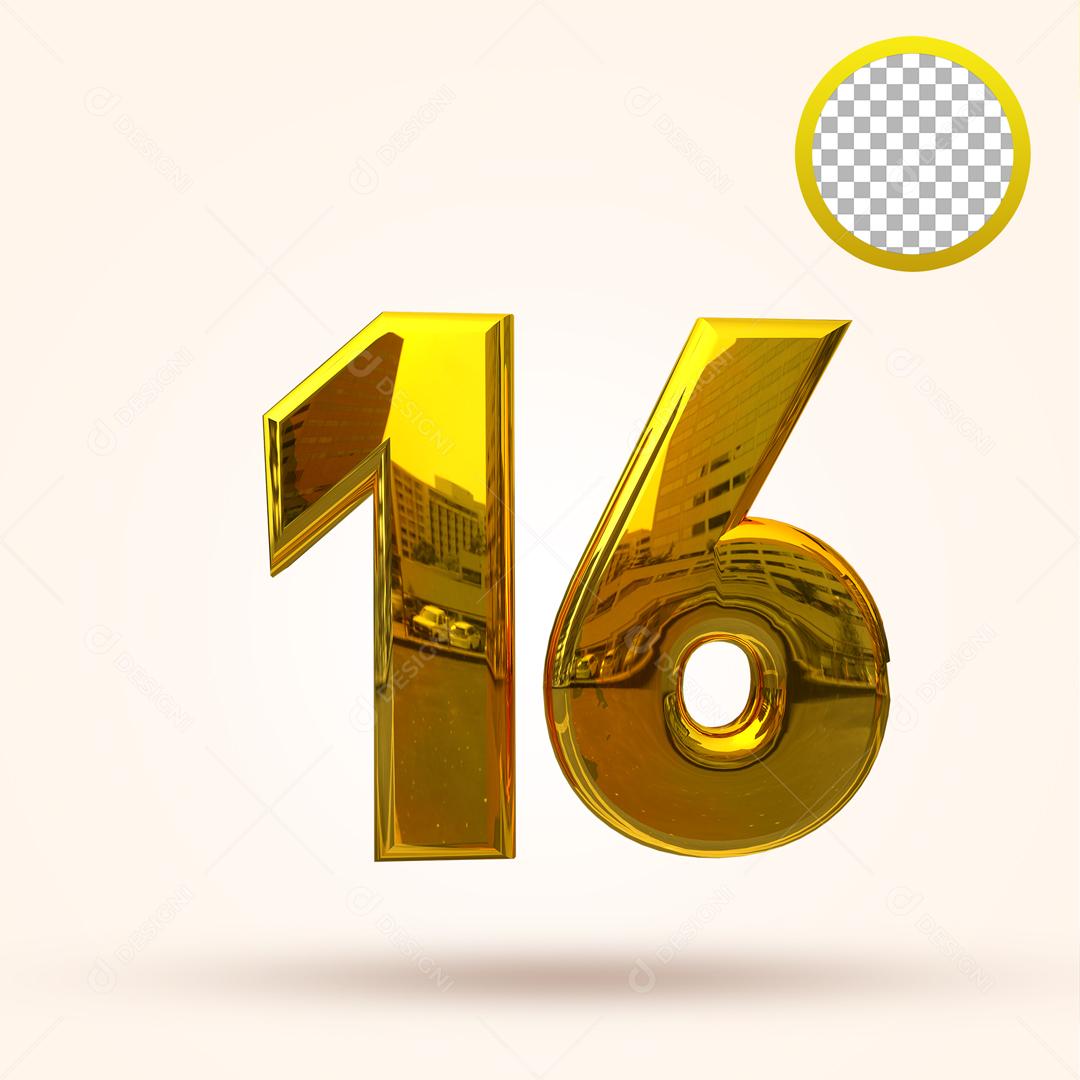 Número 3D 16 Dourado Elemento Para Composição PSD