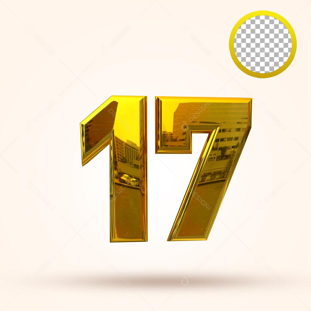 Número 3D 17 Dourado Elemento Para Composição PSD