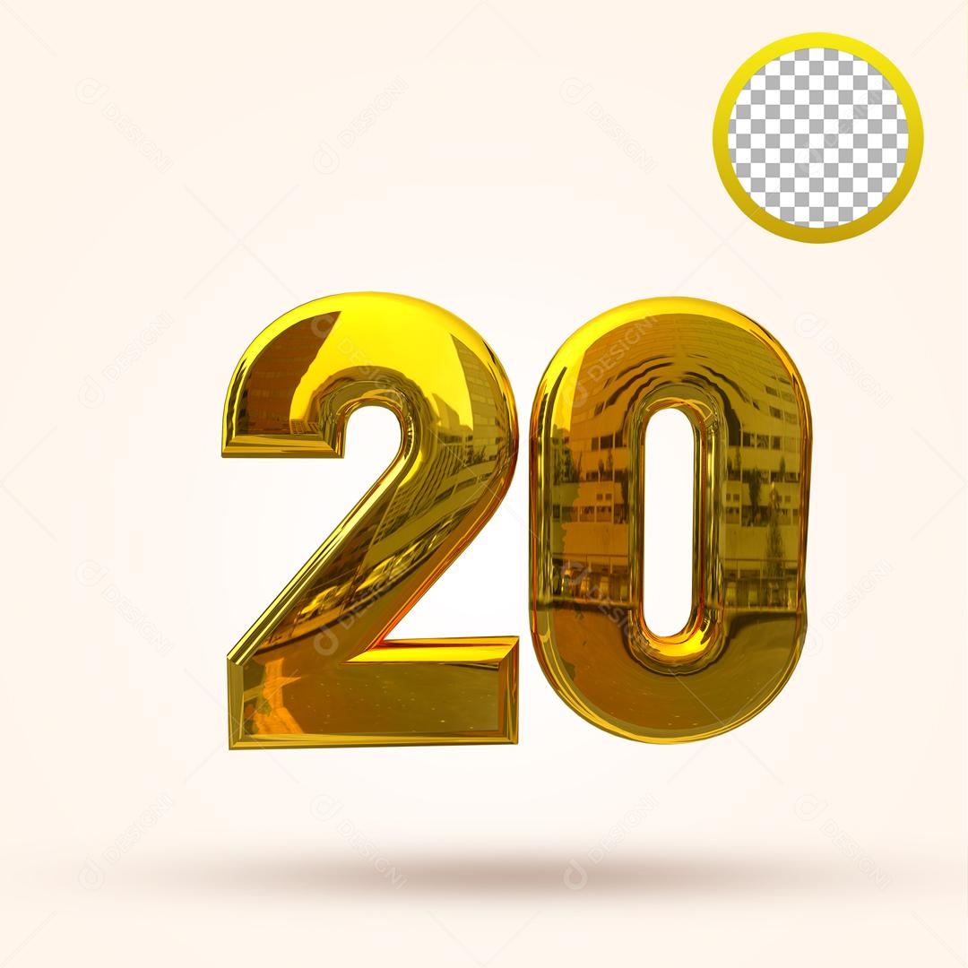 Número 3D 20 Dourado Elemento Para Composição PSD