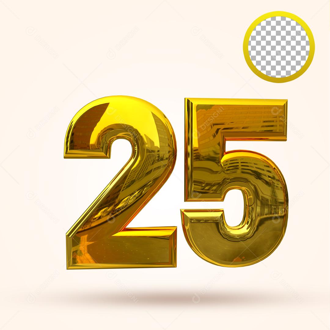 Número 3D 25 Dourado Elemento Para Composição PSD