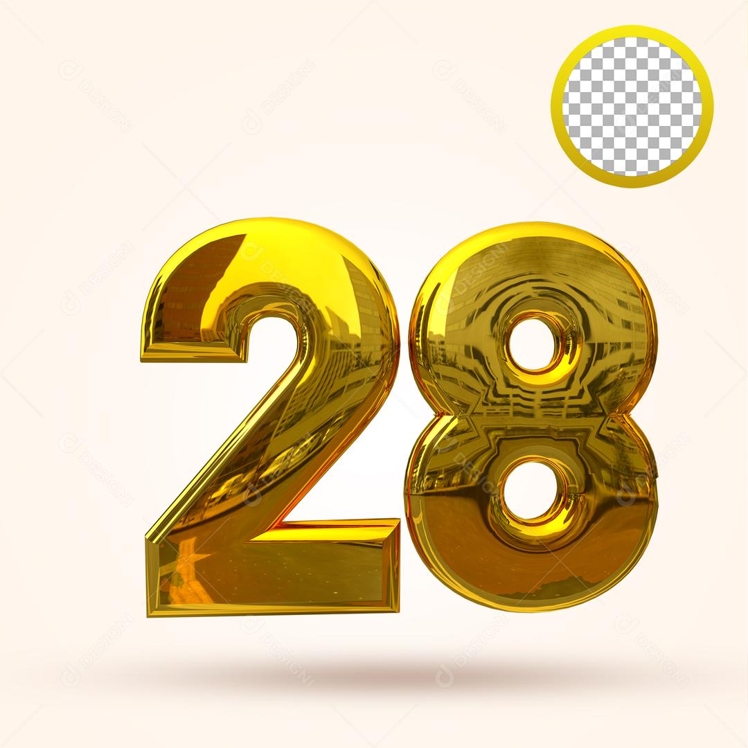 Número 3D 28 Dourado Elemento Para Composição PSD