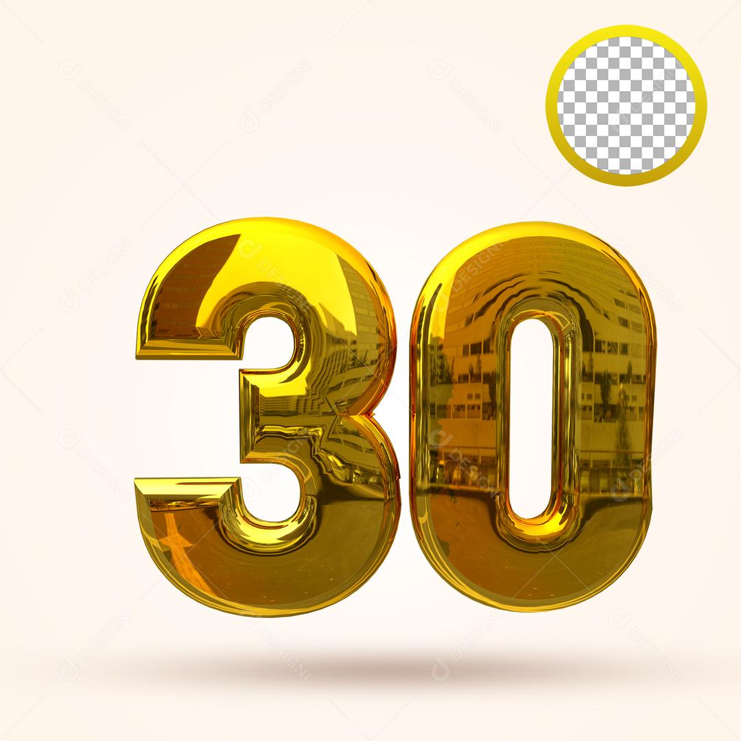 Número 3D 30 Dourado Elemento Para Composição PSD