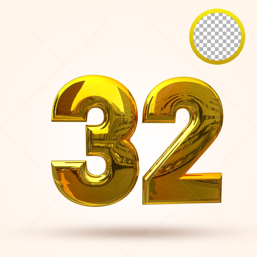Número 3D 32 Dourado Elemento Para Composição PSD