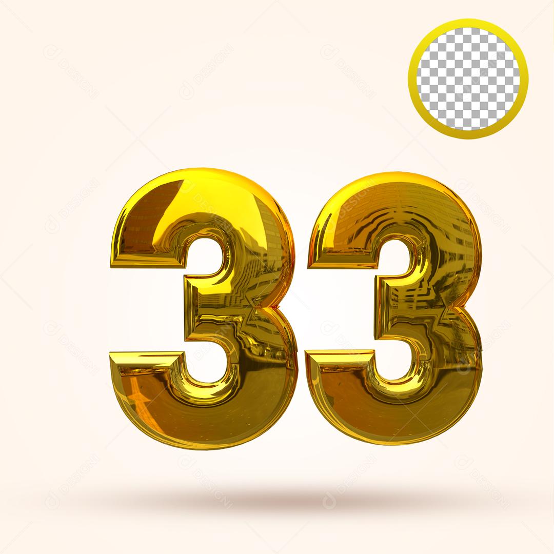 Número 3D 33 Dourado Elemento Para Composição PSD