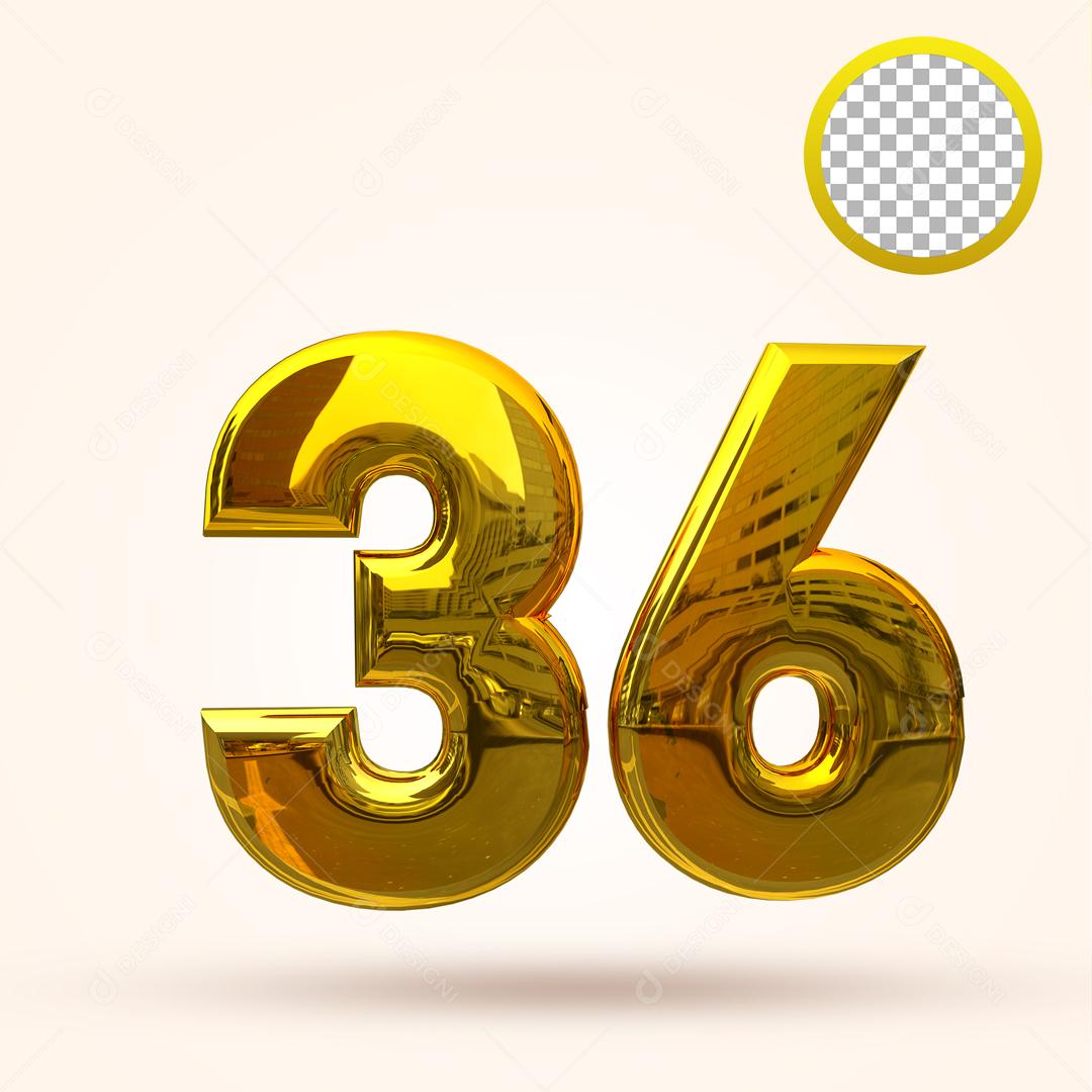 Número 3D 36 Dourado Elemento Para Composição PSD